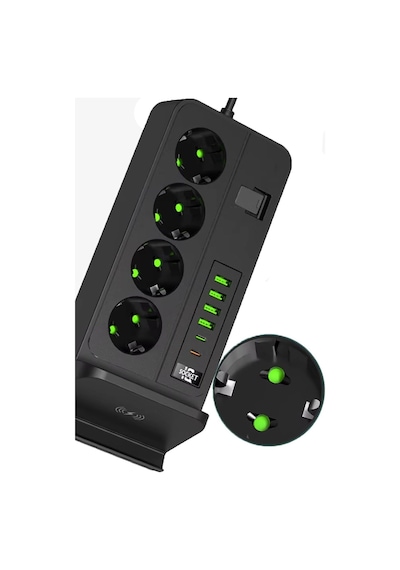 Coverzone Dikey Çoklu Priz, 4 Schuko Priz, 4 Usb-a + 2 Usb-c, Magsafe İle Uyumlu Şarj, 3.4a Usb Çıkışı, Açma Kapama Anahtarlı, 2 Metre Kablolu Masaüstü Power Socket Siyah G12