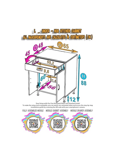 Modilayn Qplas M Set Ocak Altı Dolap 65x88x48 Cm Çekmeceli, Kapaklı 2 Göz Raf Bölmeli Beyaz