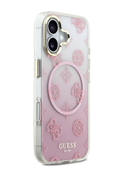Apple Uyumlu iPhone 17 Kılıf Guess Lisanslı M-safe Şarj Özellikli Simli Peony Desenli Silikon Kapak Pembe Pembe