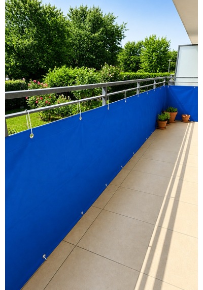 Mavi Balkon Brandası - 650 Gr Pvc Polyester - Kuşgözlü Ve Kolon Takviyeli Balkon Demiri Brandası Mavi