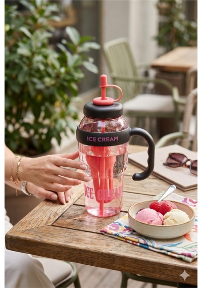 1 Litre Kulplu Pipetli Matara Pembe Ice Cream Yazılı Şeffaf Spor Suluk Motivasyon Şişesi Pembe - Siyah