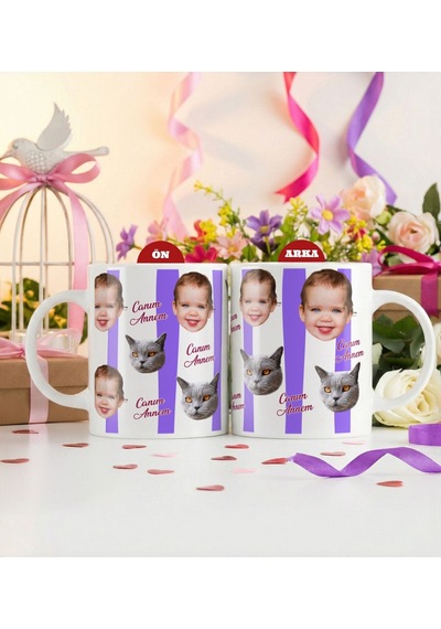 Bk Gift Anneye Özel Yüz Baskılı Beyaz Kupa Bardak - Anneler Günü Ve Kadınlar Günü Hediyesi Mor