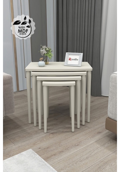 Renlife Krem Boyalı 4 Lü Lüx Mdf Zigon Sehpa Takımı Krem Krem Krem Ayaklı