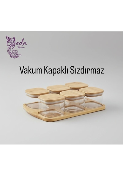 6 Lı Kare Cam Saklama Kabı Seti Bambu Kapaklı 240 Ml Kavanoz Kahvaltılık & Çerezlik Seti Açık Kahverengi
