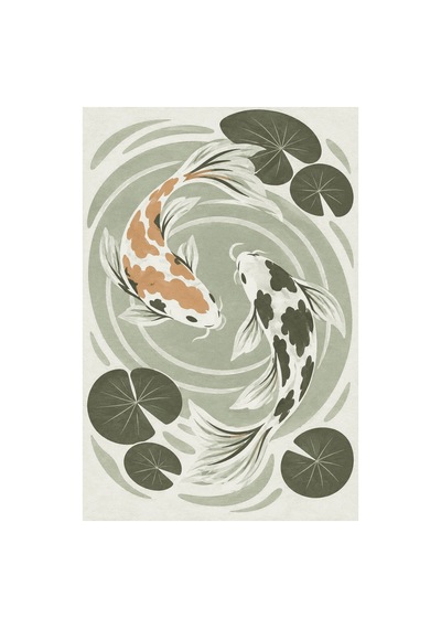 Kartela Halı Koi Balığı Desenli Halı Adaçayı Yeşili Kaymaz Taban Makinede Yıkanabilir 120x180 Cm