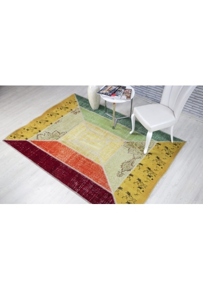 Patchwork El Dokuma Antik Anadolu Halısı Rainbow Çok Renkli