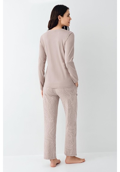 Pierre Cardin Paris Kadın Modal Pamuklu Vizon Düğmeli Uzun Kollu Pijama Takım VİZON