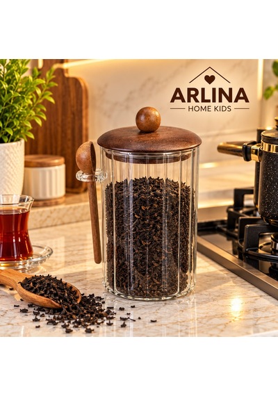 1000ml Akasya Kapaklı Kaşıklı Cam Kavanoz Şeffat Cam - Akasya Ahşap Kapak