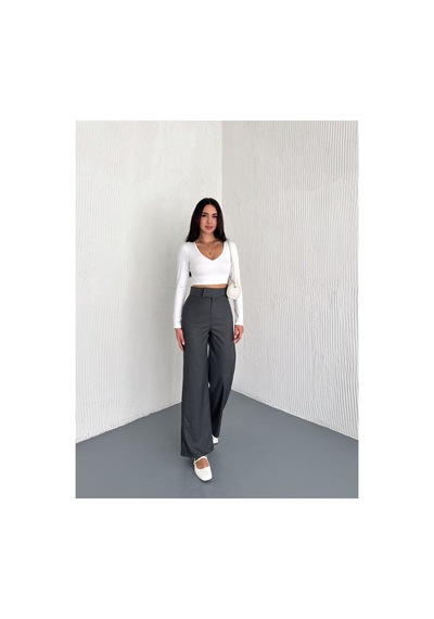 Gugus Kadın Cepsiz Dokuma Kumaş Pantolon Beli Cırtlı Bol Paça Wide Leg Model Füme