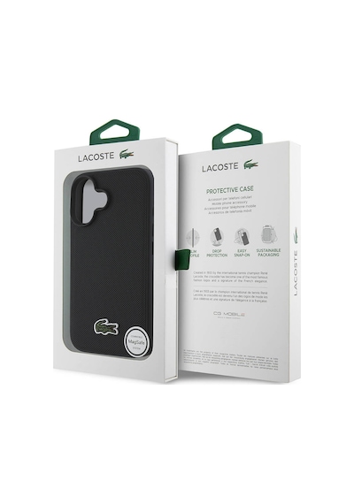 Apple Uyumlu iPhone 16 Kılıf Lacoste Lisanslı Pu Pike Desen Arka İkonik Timsah Dokuma Logolu Siyah