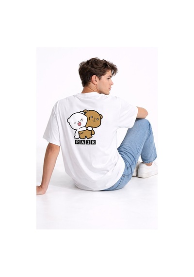 Sevgili Kombini Perfect Pair Ayıcık Baskılı Çift Tişört Oversize Unisex Partner Kombin Seti Beyaz