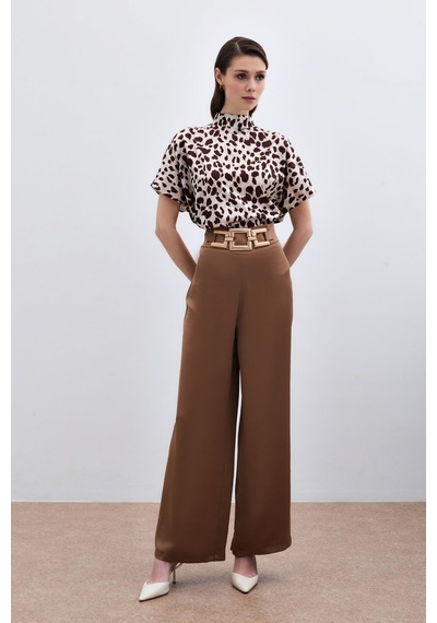 Sateen Bel Kemerli Saten Krep Pantolon - Camel-135974 Camel