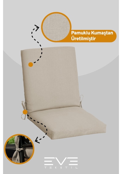 Eve Tekstil Bahçe - Salon - Balkon Arkalıklı Fermuarlı Bağlanabilir Yıkanabilir Sandalye Minderi 8 Adet Krem