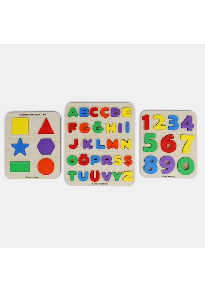 Ahşap Eğitici Puzzle Seti Türkçe Alfabe + Sayılar + Geometrik Şekiller 3lü Set Montessori Öğretici Set 1 Adet