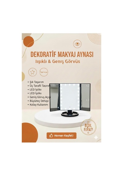 Üç Panelli Led Işıklı Makyaj Aynası Büyüteçli, Geniş Görüş Açılı, Masa Üstü Kullanım Siyah