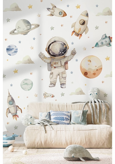 Uzay Temalı Duvar Sticker Seti 165 Parça Astronot, Roket, Gezegen Çocuk Odası Duvar Büyük Boy Dijital Baskı