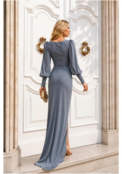 Lior Design Kadın Modern Stil Esnek Krep Kumaş Dik Yaka Yırtmaçlı Abiye Elbise Gri