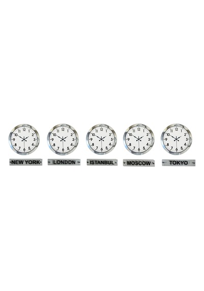 Modern Krom 5 Li 36 Cm Metal Tabelalı Dünya Saatleri Otel Ve Resepsiyon Saati