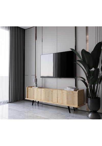 Spica Safir Meşe Rengi Mdf 3 Kapak Ahşap Ayaklı 140 Cm Tv Ünitesi