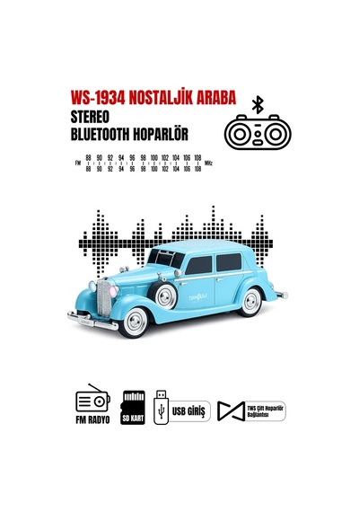 Retro Bluetooth Hoparlör 10w Vintage Araba Tasarımlı Fm Radyo Usb Tf Kart Destekli Tws Stereo