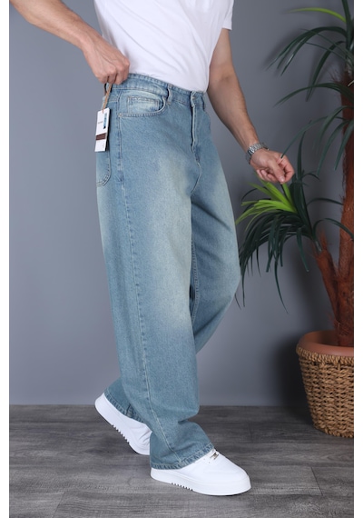 Felvıno Erkek Yıkamalı Süper Baggy Bol Kesim Kot Pantolon Açık Mavi