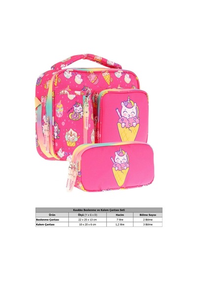 Kaukko Kids Kız Çocuk Kırmızı Dondurma Desenli Üç Bölmeli Thermo Beslenme Çantası Ve Kalemlik Seti L7227+l8227 Kırmızı