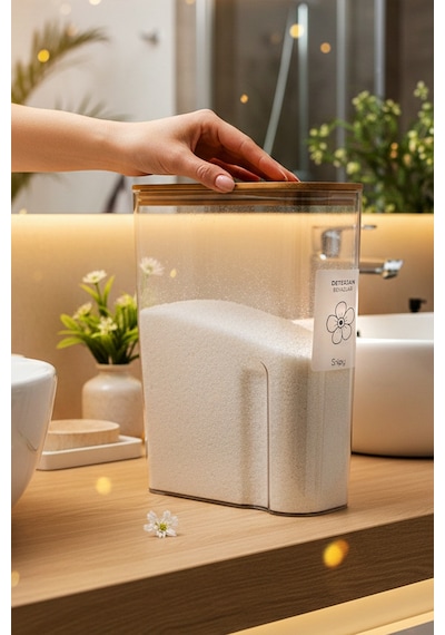 Snippy - Armoni - 3'lü Büyük Boy Deterjan Saklama Kutusu Etiketli Banyo Toz Tablet Toz Deterjan Kutusu 2500ml Şeffaf