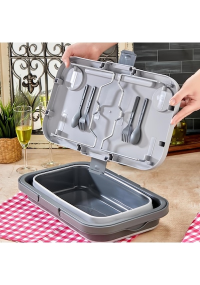 Bigmate Portatif Katlanır Piknik Seti 25lt Silikon Sepetli Masalı Piknik Sepeti Gri
