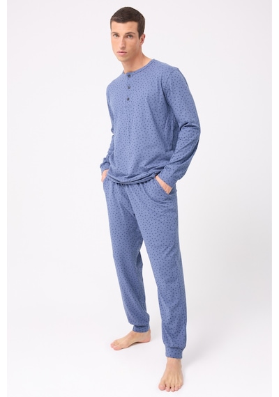 L'espadon Oceanripple Premium Örme Pamuk Uzun Kollu Henley & Uzun Pantolonlu Erkek Pijama Takımı-3225 Mavi