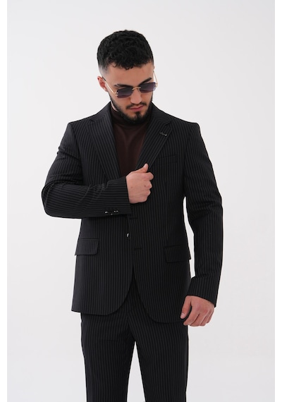 Dupont Classics Dupont Slim Fit Mono Yaka 6 Drop Çift Yırtmaç Çizgili 2'li Takım Elbise Siyah