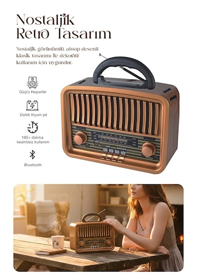 Retro Görünümlü Bluetooth Radyo Fm/am/sw Hoparlör Usb Tf Müzik Çalar Tws Destekli Nostaljik Radyo