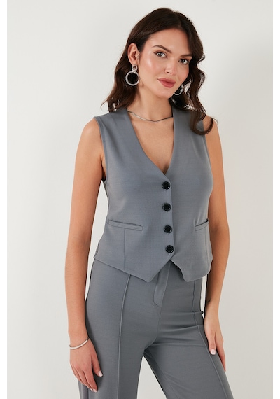 Lela Streç Fitted Fit V Yaka Düğmeli Bayan Yelek 5865971 Füme