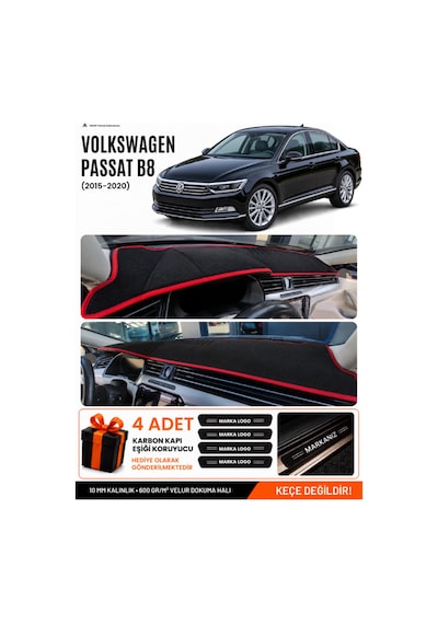 Volkswagen Passat B8 2015-2020 Uyumlu Torpido Örtüsü, Torpido Kılıfı - Siyah Kırmızı