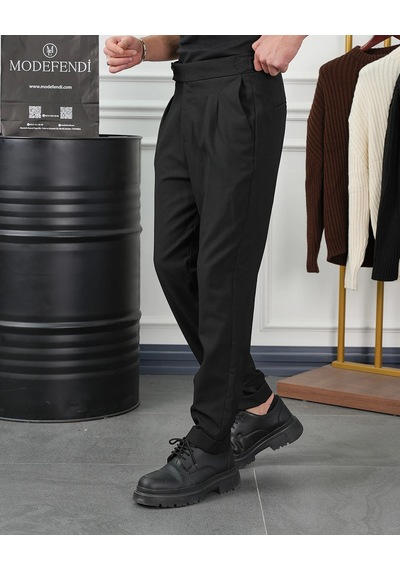 Modefendi Yüksek Bel Pileli Petek Örme Pamuklu Slimfit Pantolon Siyah