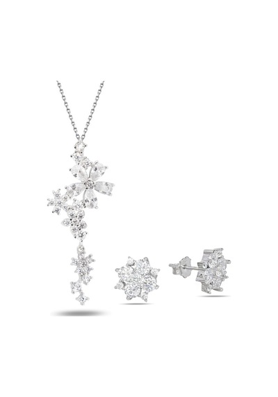 Brezza Lusso Jewelry Çiçek Demeti Elegant Stylish Night Kadın Gümüş Kolye Küpe Seti