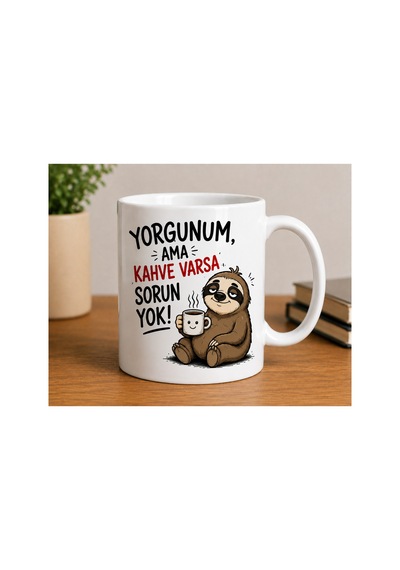 Sevimli Tembel Hayvan Tasarımlı Porselen Kupa Bardak Beyaz Beyaz