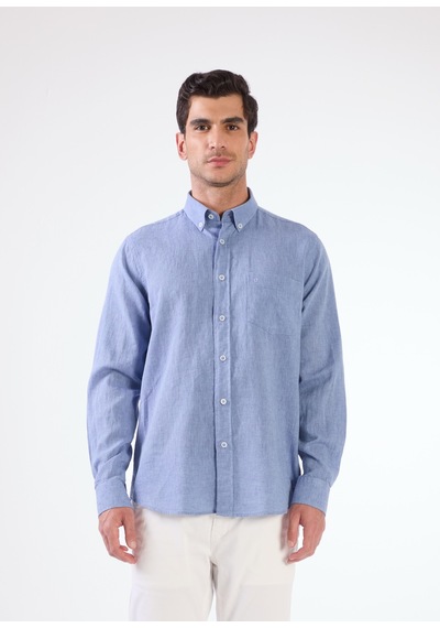 Dufy Erkek Regular Fit Düğmeli Yaka Uzun Kol İndigo Gömlek-18849 Indigo