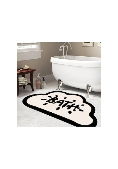 Buççin Online Mağaza Kaymaz Taban, Bulut Desenli, Bath Yazılı Banyo Paspası, Dekoratif Paspas, 60x100 Cm Polyester Orta Çok Renkli