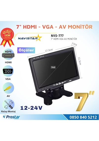 7 İnç Hdmı / Vga / Av Çok Amaçlı Araç Ve Taşıt Monitörü Üç Giriş, Her Cihaza Uyumlu 12-24v