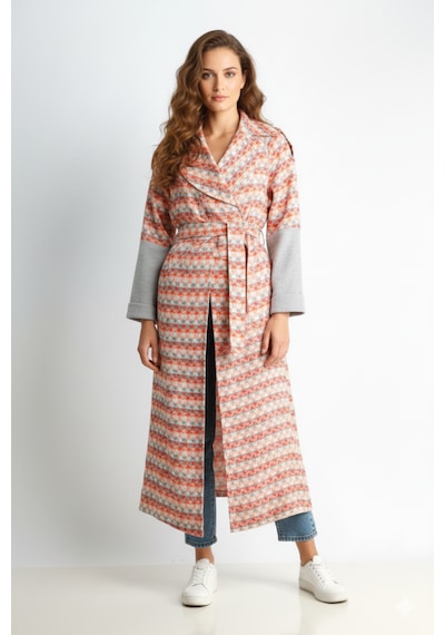 Kızılelmada Kadın Oversize Trençkot Desenli, Şık Ve Modern Çok Renkli