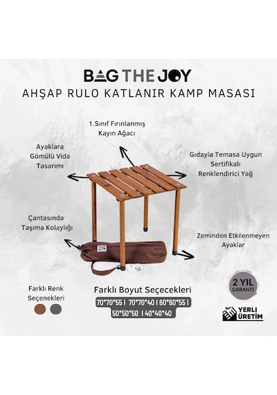 Bag The Joy 40 x 40 x 40 CM Ahşap Katlanır Kamp Masası - Kahverengi