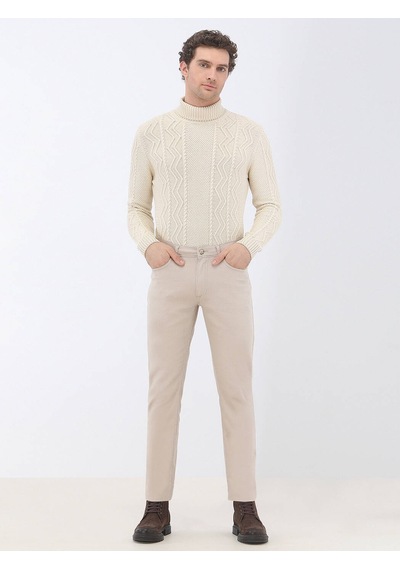 Kip Bej Düz Dokuma Slim Fit Casual Pamuk Karışımlı Pantolon Bej