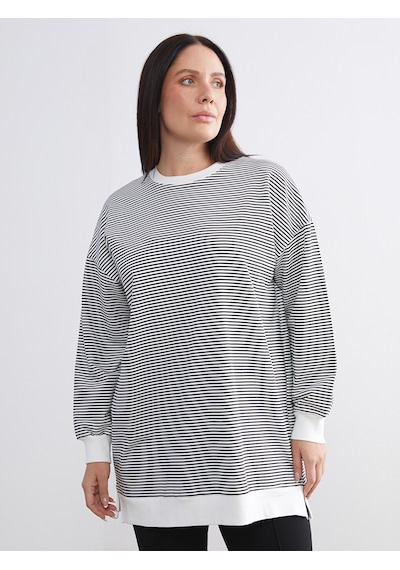 Lcw Modest Siyah Büyük Beden Bisiklet Yaka Çizgili Kadın Sweatshirt Tunik