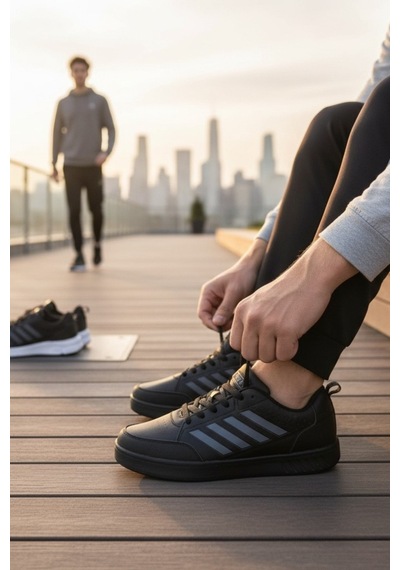 Enoch Erkek Dörtlü Şerit Detaylı Düz Tabanlı Günlük Spor Ayakkabı Sneaker Siyah - Füme