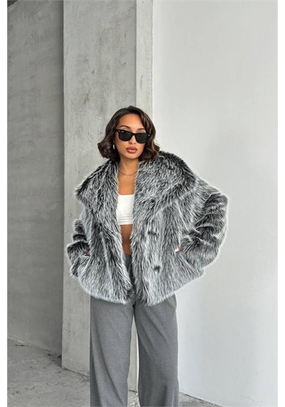 Dip Moda Kadın Gri İthal Kumaş 1. Kalite Kürk Kaban Dpnbg053 Gri