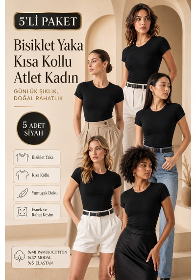 Loule Kadın 5'li Bisiklet Yaka Kısa Kollu Üst Siyah Modal Pamuk