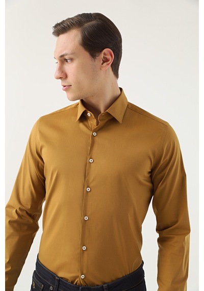 D's Damat Slim Fit Hardal Düz Stretch Gömlek 7ef02ee44324d Hardal