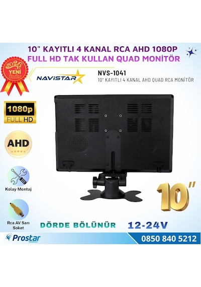Kayıtlı 10 İnç 4 Kanal Full Hd Tak Kullan Quad Ahd Analog Uyumlu Rca Av Araç Monitörü 12-24v