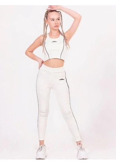 Zekids Kız Çocuk Şeritli Taytlı Crop Takım-13789 KREM