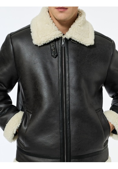 Koton Kapaklı Cepli Çıtçıt Düğme Detaylı Slim Fit İçi Peluş Yaka Suni Süet Ceket Siyah 6wam20103hw